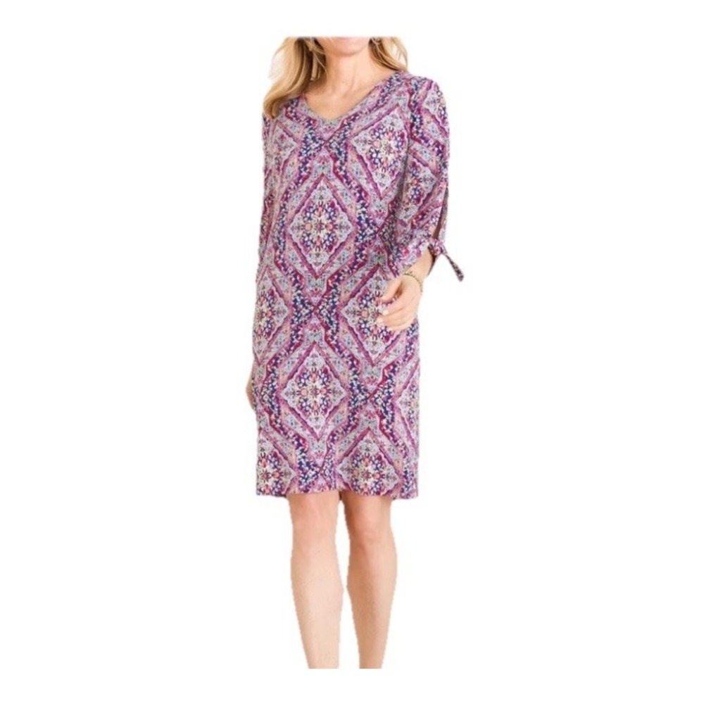 Chico's Medallion Print Shift Dress V Neck 3/4 Tie Sleeves Stretch Sz 4/20/22